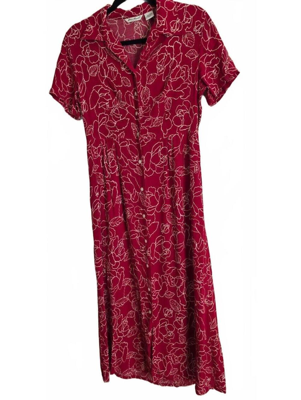 Vintage 90's Eddie Bauer Petite Medium Red Floral Rayon Dress